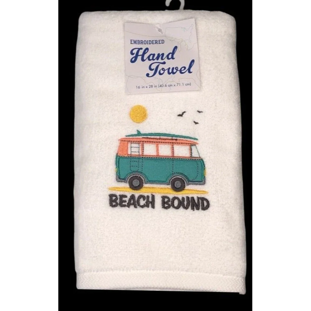 Hippie Bus Hand Towels Set of 2 Embroidered Summer Beach Bound Surfboard White